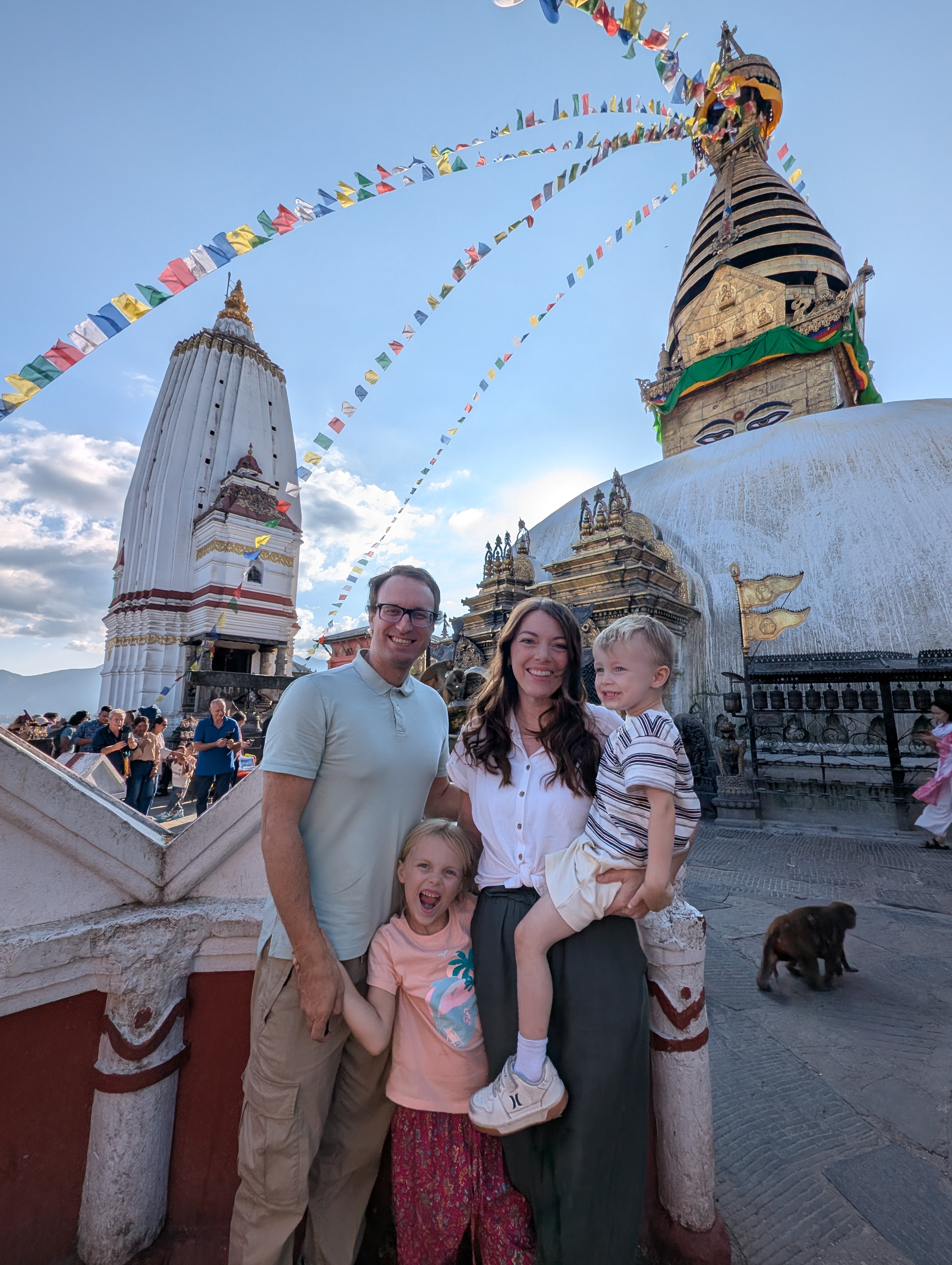 The Marlor family visiting a stupa in Nepal